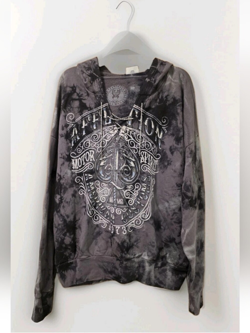 Women's LARGE Affliction Hoodie American Customs Death Spade Rhinestone Y2K